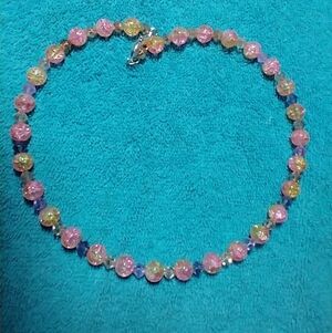 Yellow pink purple cracked glass beaded wire necklace handmade